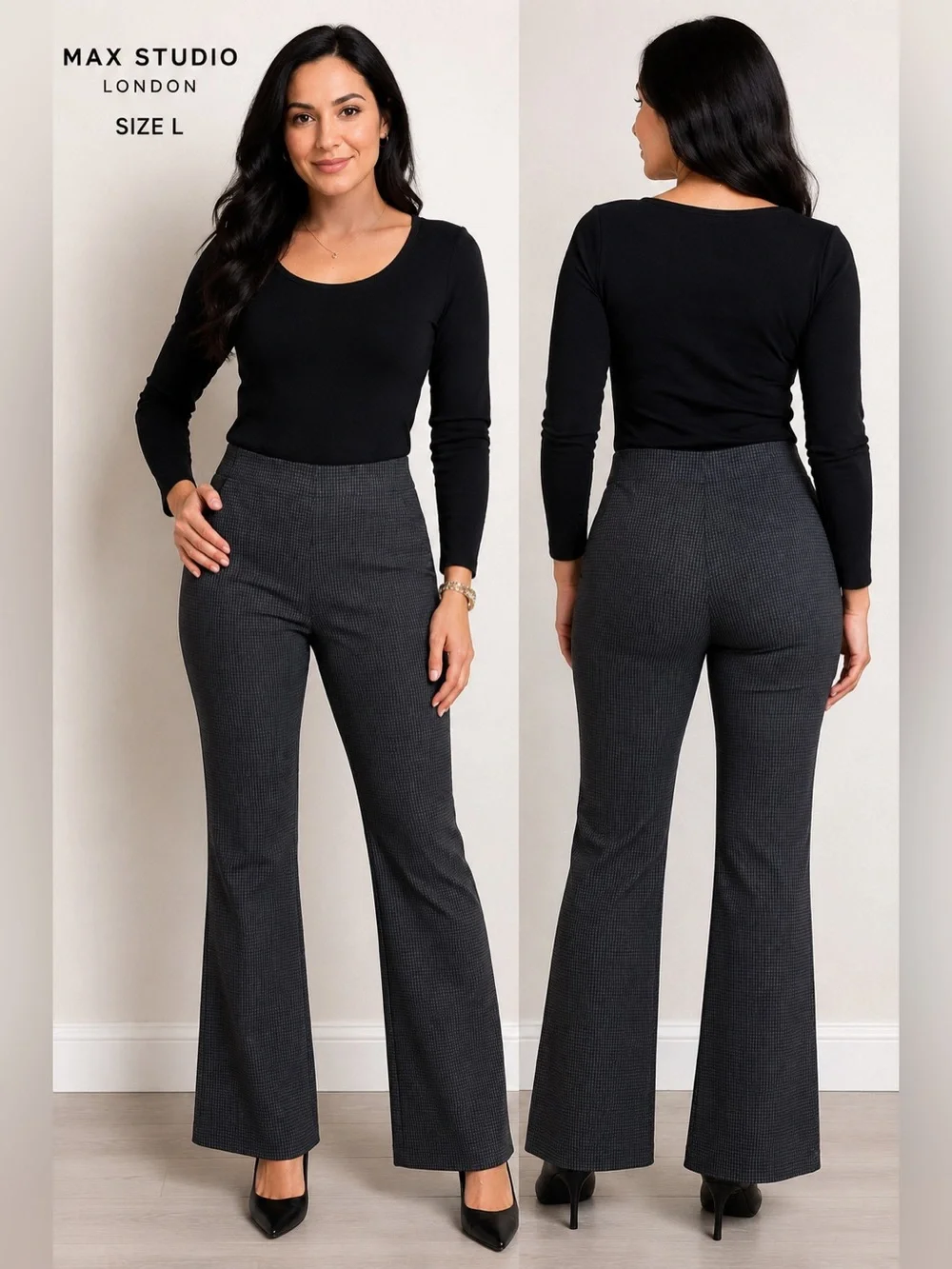 Max Studio London Bootcut Pants Gray Black Stretch Career Dress Pants Size L NWT
